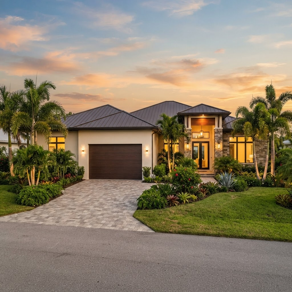 Residential home in Fort Myers with a large closed two-car garage door at golden hour