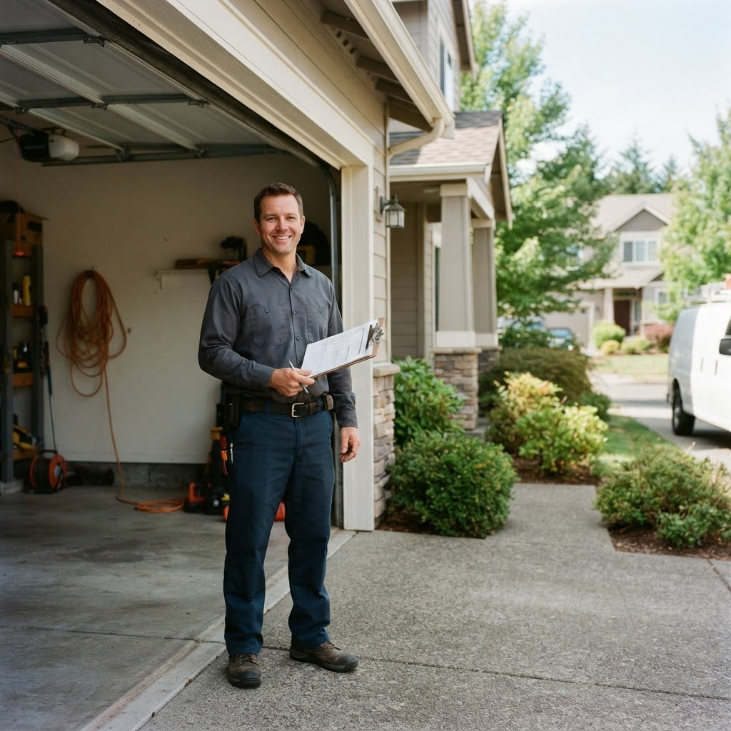 Professional garage door technician standing in an open residential garage doorway with a clipboard